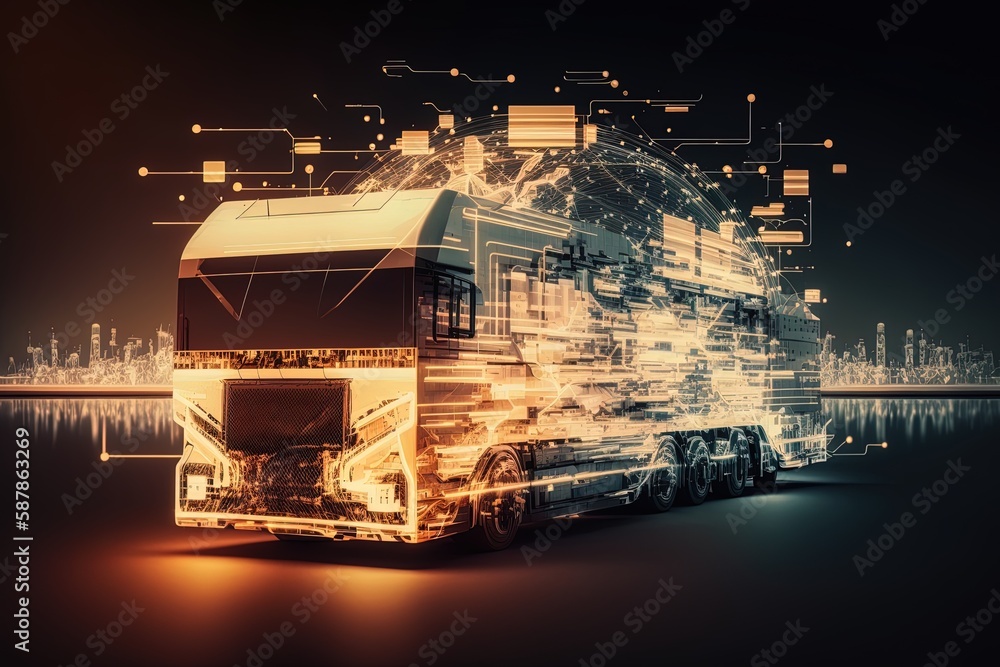 Poster ingenious, hazy, luminous, worldwide delivery system logistics and network idea double-exposed holog