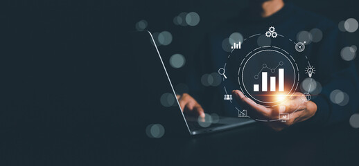 ฺBusinessman holding Global network connection. Big data analytics and business intelligence concept. World map point and line composition concept of global business.