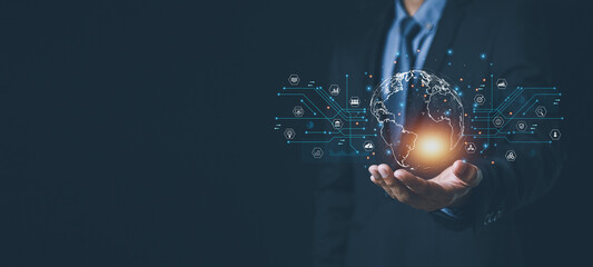 ฺBusinessman holding Global network connection. Big data analytics and business intelligence concept. World map point and line composition concept of global business.