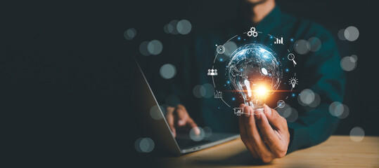 ฺBusinessman holding Global network connection. Big data analytics and business intelligence concept. World map point and line composition concept of global business.