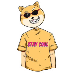 human with shiba inu head and wear a sunglasses