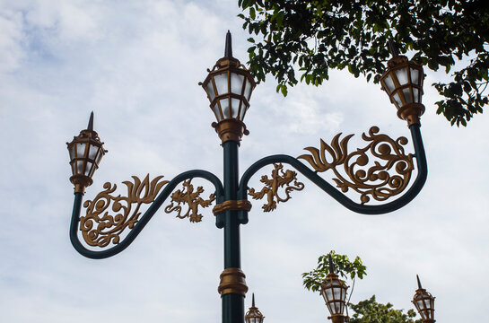 Decorative street lamp in retro style on Basuki Rahmat street, Malang City, East Java, Indonesia. This street lamp is part of the arrangement of heritage areas in Malang City.