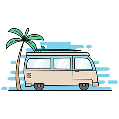 mini van icon with surfboard and coconut tree