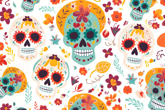 Seamless pattern of skull with flower decoration, Day of the Dead illustration, Día de los Muertos (generative AI)