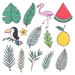 set of cute summer doodle icons with tropical vibes