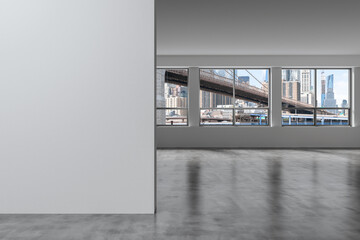 Downtown New York City Lower Manhattan Skyline Buildings. High Floor Window. White mockup wall. Empty room Interior Skyscrapers View Cityscape. Financial district. Brooklyn Bridge. 3d rendering.