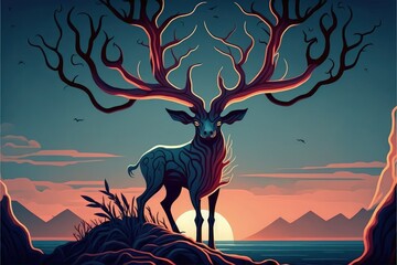 A deer perched on a massive branch resembling an animal's antlers against the backdrop of a sunset sky. Fantasy concept , Illustration painting. Generative AI