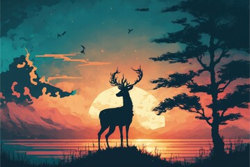 A deer perched on a massive branch resembling an animal's antlers against the backdrop of a sunset sky. Fantasy concept , Illustration painting. Generative AI