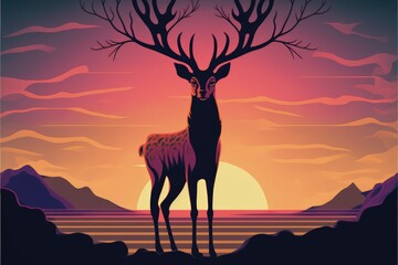 A deer standing on a gigantic branch that looks like antlers, set against a sunset sky. Fantasy concept , Illustration painting. Generative AI