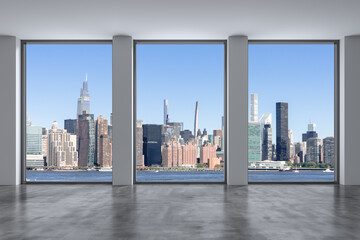 Midtown New York City Manhattan Skyline Buildings Window Background. Expensive Real Estate. Empty room Interior Skyscrapers View Cityscape. East Side United Nations Headquarters. 3d rendering