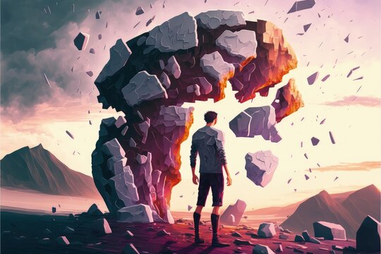 A shattered man stands on a volcanic rock in a surreal environment. Fantasy concept , Illustration painting. Generative AI