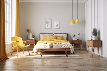 cozy bedroom with a neatly made bed and a yellow accent chair. Generative AI