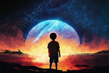 Obraz premium Lovely view of a young boy among radiant planets, holding a star up in the night sky. Fantasy concept , Illustration painting. Generative AI