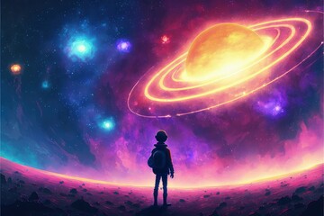Fototapeta premium A beautiful scene of a young boy standing amidst glowing planets, holding a star in the night sky. Fantasy concept , Illustration painting. Generative AI