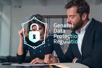 Businesspeople in formal wear taking notes signing contract at office workplace. Concept of important working moments, document sign, working process, concentration. GDPR hologram