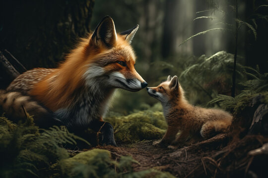 Female fox with a fox cub portrait in a forest