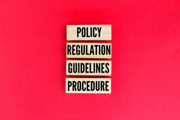 wooden arrangement with the words Policy Regulation Guidelines Procedure. concept of basic rules. guideline concept. The concept of regulatory compliance