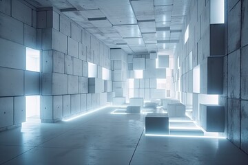 Illustration of an empty room with bright ceiling lights. Generative AI