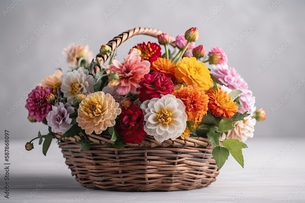 Poster vibrant basket overflowing with an array of colorful flowers. Generative AI