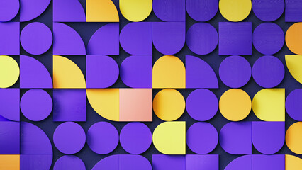 3d shapes in Bauhaus style. Violet, pink and yellow colors.