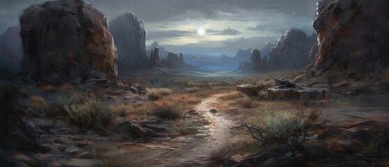 Towering sandstone rock formations in arid canyon valley, blue twilight hour over vast semi-desert rocky region, natural wonders panoramic view - generative AI