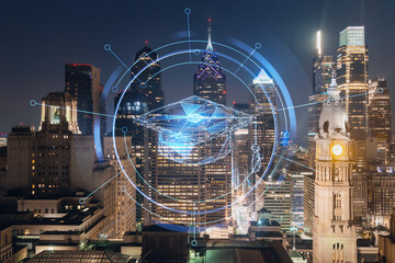 Aerial panoramic cityscape of Philadelphia financial downtown at summer night time, Pennsylvania, USA. Technologies and education concept. Academic research, top ranking universities, hologram