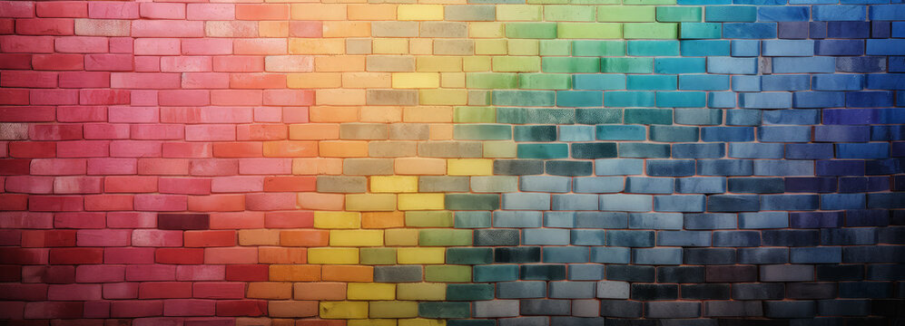 A colorful brick wall background. A brick wall consisting of brick of different colors. A spectrum of colors or rainbow colors. Diversity concept. Generative AI. 