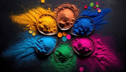 Happy Holi decoration, the indian festival. Top view of colorful holi powder on dark background, copy space generative ai
