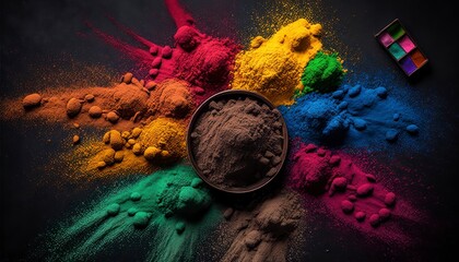 Happy Holi decoration, the indian festival. Top view of colorful holi powder on dark background, copy space generative ai