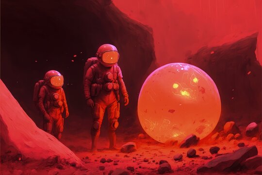 Astronauts stumbled upon unidentified luminescent orbs. Fantasy concept , Illustration painting. Generative AI