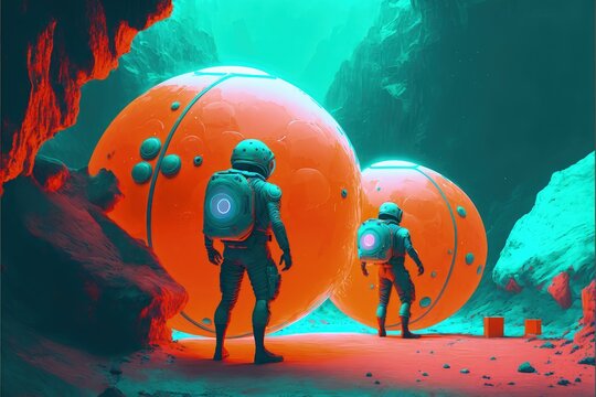 Astronauts stumbled upon unidentified luminescent orbs. Fantasy concept , Illustration painting. Generative AI