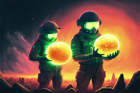 Astronauts stumbled upon unidentified luminescent orbs. Fantasy concept , Illustration painting. Generative AI
