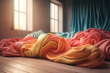 cozy pile of blankets on a rustic wooden floor. Generative AI