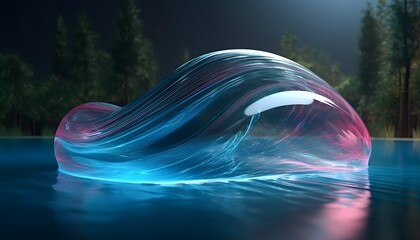 3d render abstract background in nature landscape. Transparent glossy glass ribbon on water. Holographic curved wave in motion. Iridescent design element for banner background, wallpaper.
