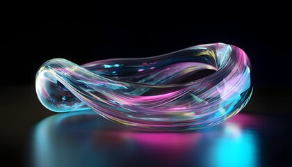 3d render abstract background in nature landscape. Transparent glossy glass ribbon on water. Holographic curved wave in motion. Iridescent design element for banner background, wallpaper.

