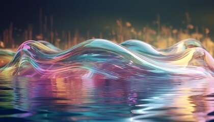 3d render abstract background in nature landscape. Transparent glossy glass ribbon on water. Holographic curved wave in motion. Iridescent design element for banner background, wallpaper.
