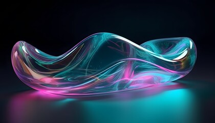 3d render abstract background in nature landscape. Transparent glossy glass ribbon on water. Holographic curved wave in motion. Iridescent design element for banner background, wallpaper.
