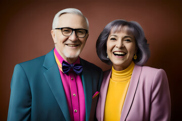 Happy, laughing old couple, dressed in bright colored pink. Concept of active age. Generative AI