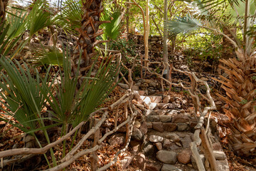 Stone steps fenced with a wooden wicker fence on the territory of the Botanical Garden in Eilat city, southern Israel