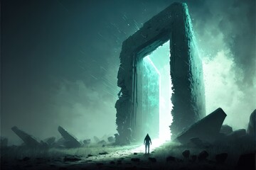 A man approaches the entrance of radiance amidst the immense ruins. Fantasy concept , Illustration painting. Generative AI
