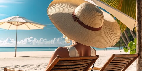Obraz premium back view of a woman wearing a straw hat relaxing by ai generative