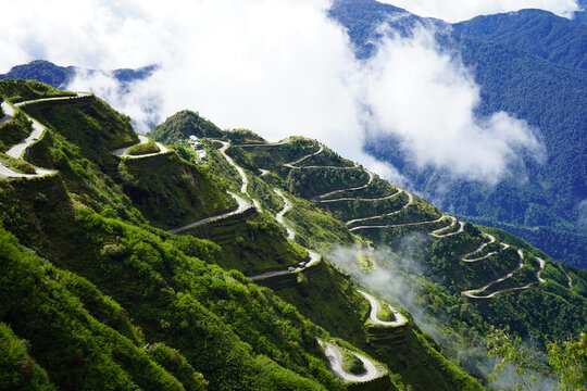 Amazing View of Old Silk Route Zig Zag Road Landscape in East Sikkim