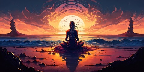 yoga on sunset the beach by ai generative