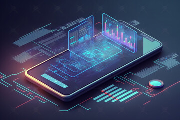 Application of Smartphone with business graph and analytics data on the anisometric mobile phone. Analysis trends and software development coding process concept. Generative AI	