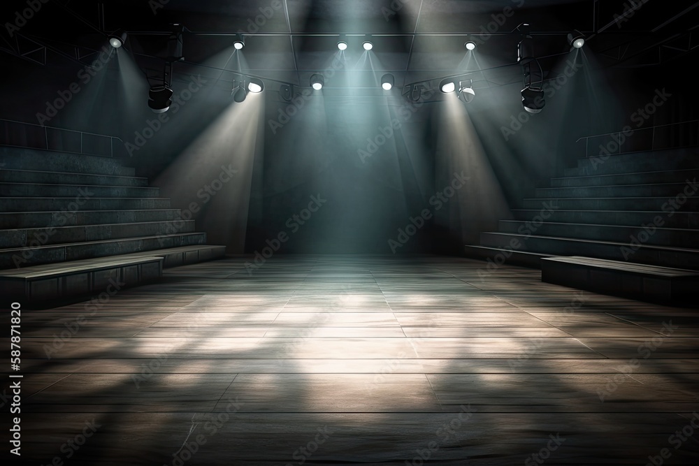 Poster illustration of an empty stage with multiple spotlights shining brightly. generative ai
