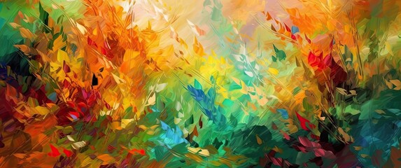 A colorful and vibrant background with expressive brushstrokes evokes a dreamy and peaceful atmosphere. Cool and warm tones blend together in a soft, impressionistic style - obrazy, fototapety, plakaty
