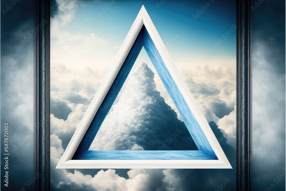 Poster frame made with covered white cloud in the sky in triangle shape. concept of luxurious fantasy windo