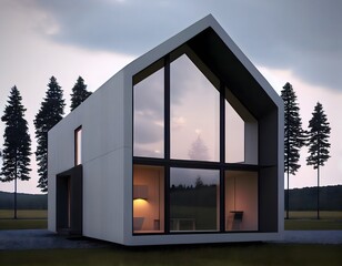 A stylish, minimalist house with a sloping roof, a large front window, Ai generative