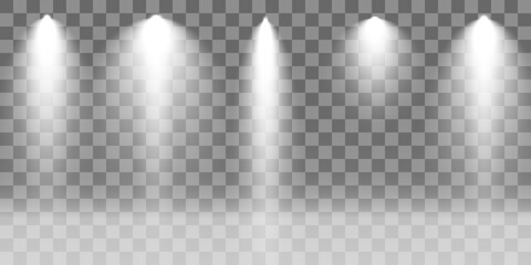 Creative vector illustration of bright lighting spotlights set, light sources isolated on transparent background. Art design beam for concert, scene illumination. Abstract concept graphic