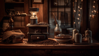 Fototapeta na wymiar Close up rustic coffee grinder on wood table generated by AI